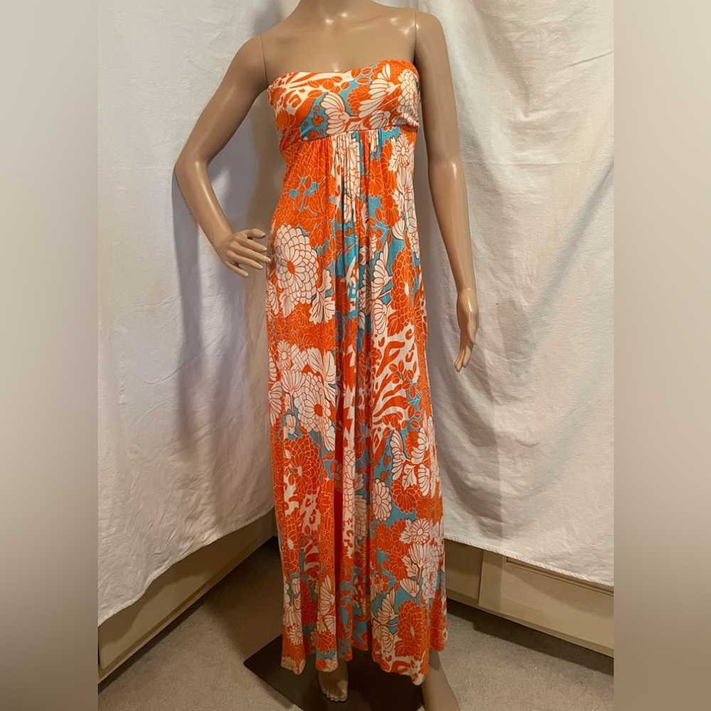 Lani Orange Floral Strapless Maxi Dress with Teal Accents